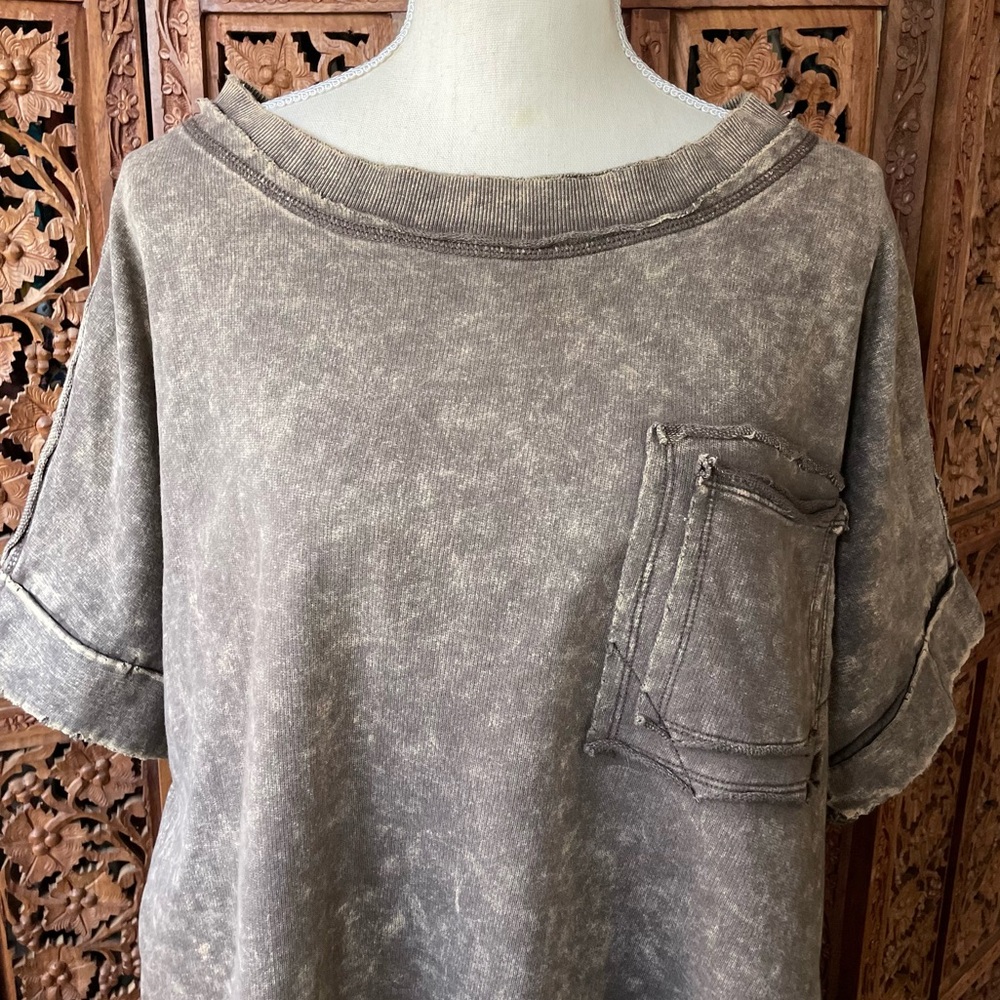 Zenana Acid Washed Brown  Short Sleeve Sweatshirt Terry Knot Pull Over